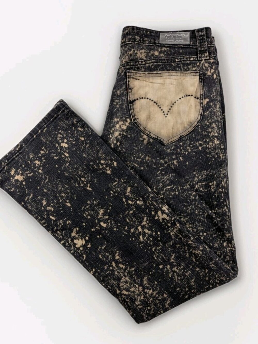 Levi's Custom Bleached Reworked Bootcut Jeans Rhinestone Heart Pocket 26x30